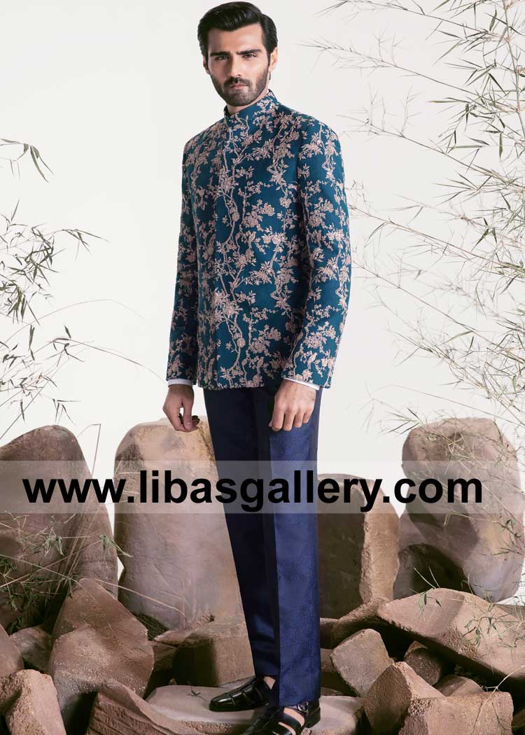 Teal Color Wedding Prince Jacket with Beige Floral Hand Embroidery All Over on Karandi Fabric