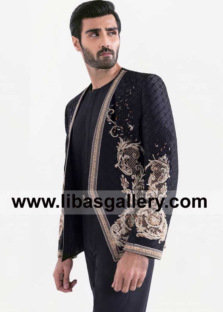 Black Embroidered Prince Jacket with Gold Hand Embroidered Baroque Motif