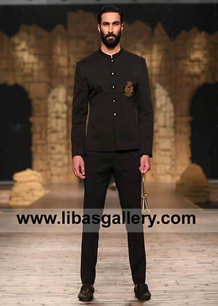 Gents Black Prince suit with Antique Gold embroidery on pocket 