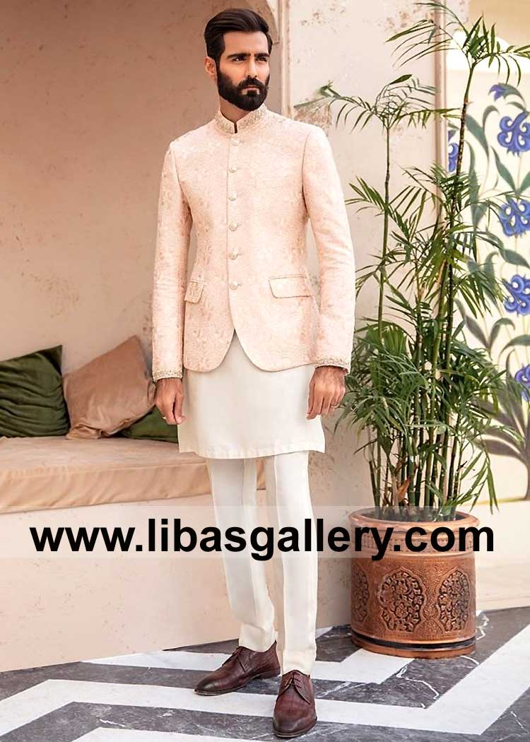 Light Peach Embellished Men Prince coat New Style