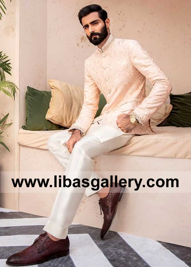 Light Peach Embellished Men Prince coat New Style