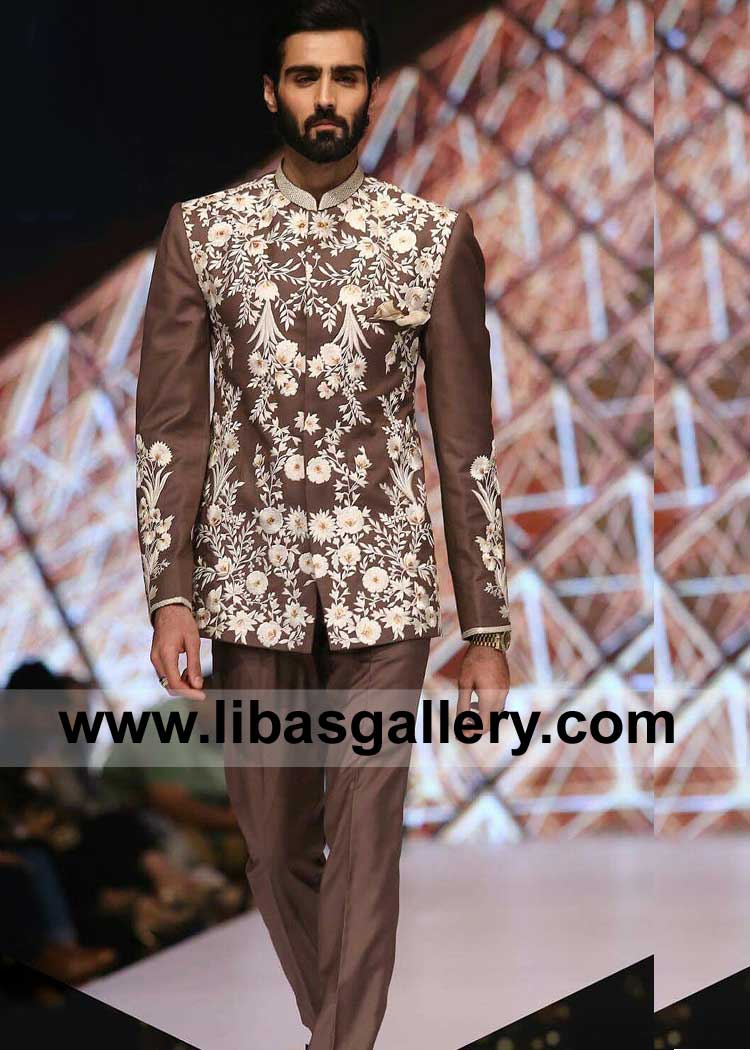 Brown Ivory Embroidered Prince Coat for Men Occasion