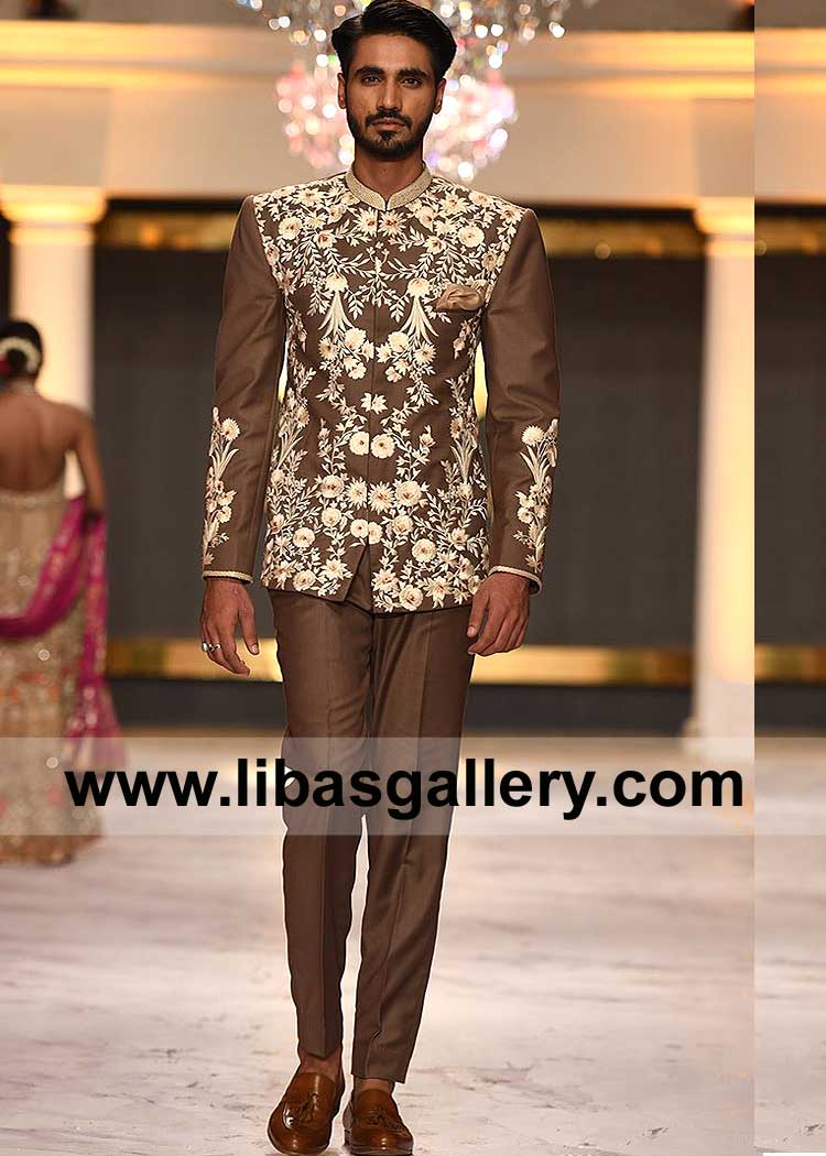 Brown Ivory Embroidered Prince Coat for Men Occasion
