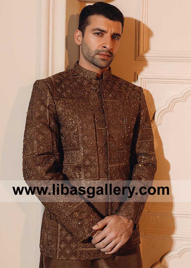 Raw silk Dusty Brown Groom Intricate Embroidered Prince Jacket