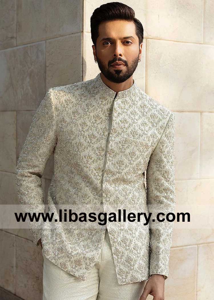 Off White Groom Raw Silk Premium Prince Coat
