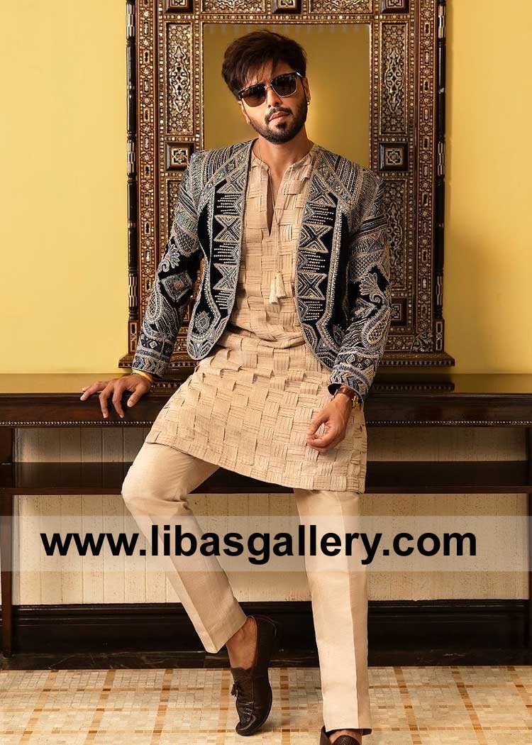 Navy Blue Velvet Groom short Embroidered Jacket