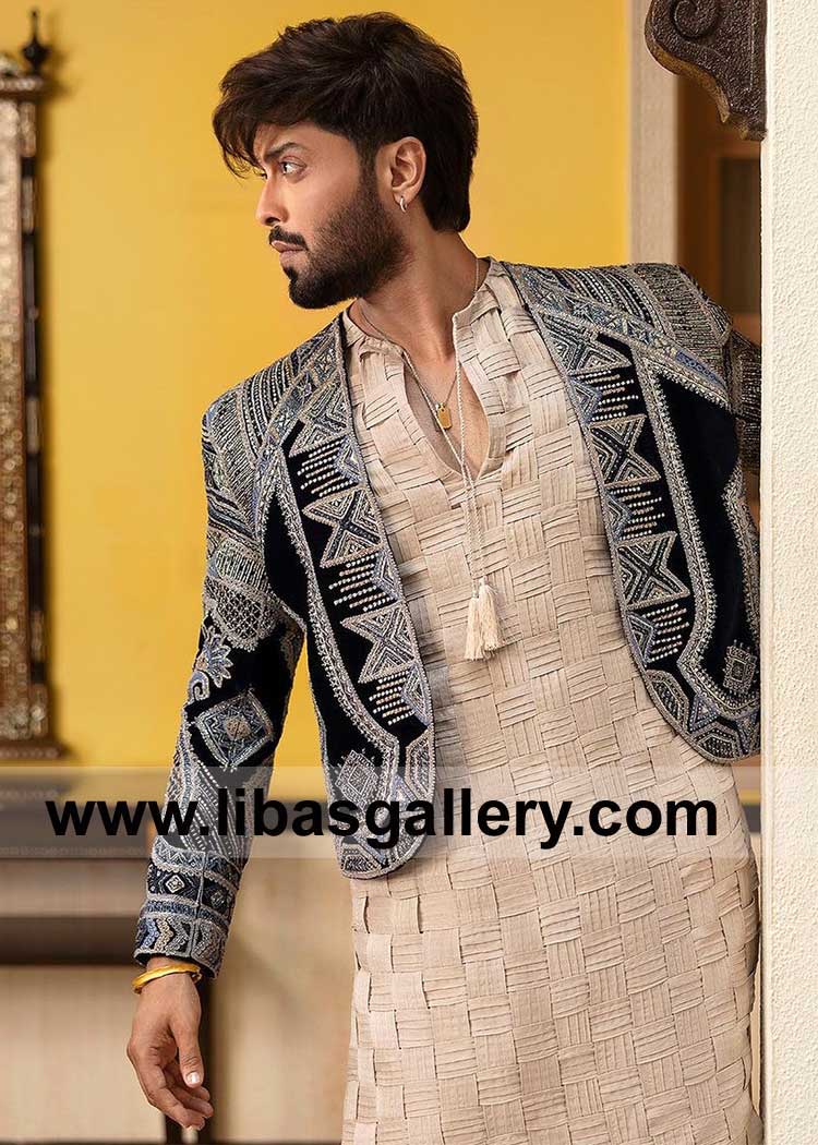 Navy Blue Velvet Groom short Embroidered Jacket