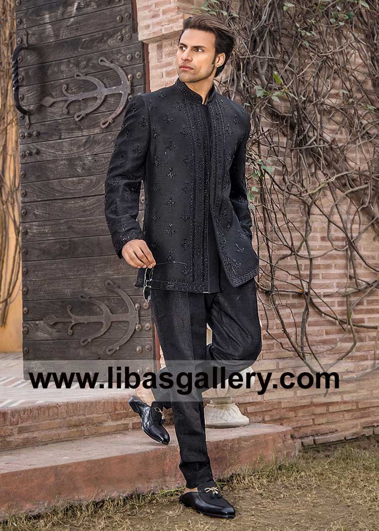 Black Heavy Embellished Raw Silk Groom Prince Coat