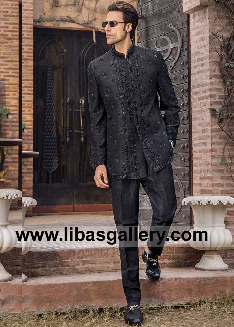 Black Heavy Embellished Raw Silk Groom Prince Coat