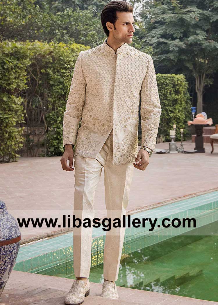 Ivory Gold Embossed hand embellished Event Prince Coat