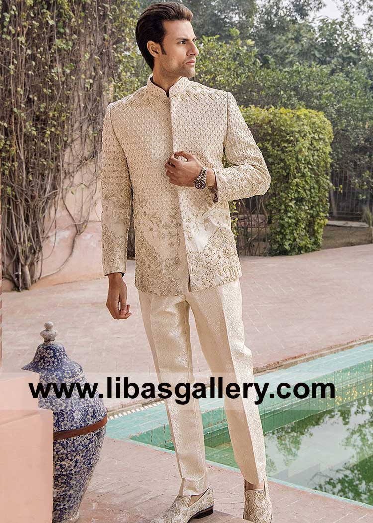 Ivory Gold Embossed hand embellished Event Prince Coat