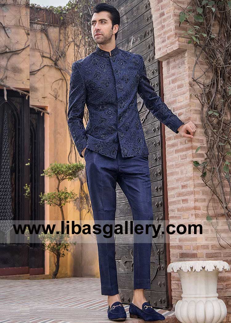 Navy Blue Heavy embroidered light weight Wedding Prince coat