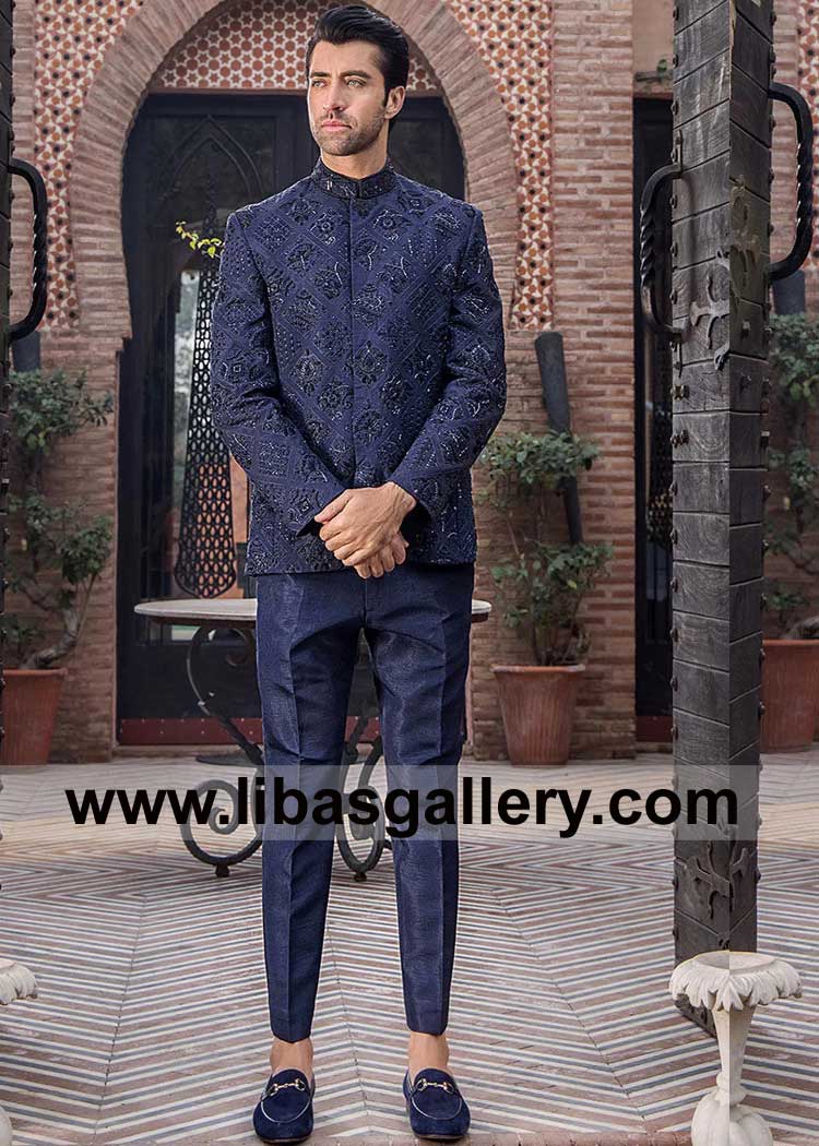 Navy Blue Heavy embroidered light weight Wedding Prince coat