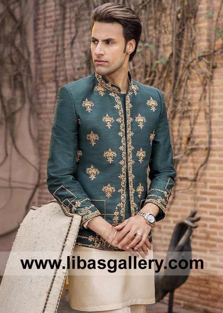 Teal Green Embroidered Luxury Wedding Prince Coat