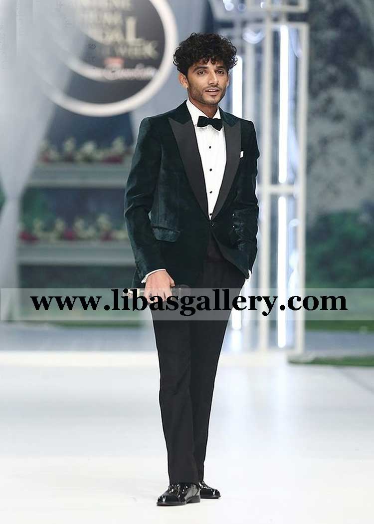 Emerald Green Velvet Tuxedo detailed American Lapel with Black Bell Bottom