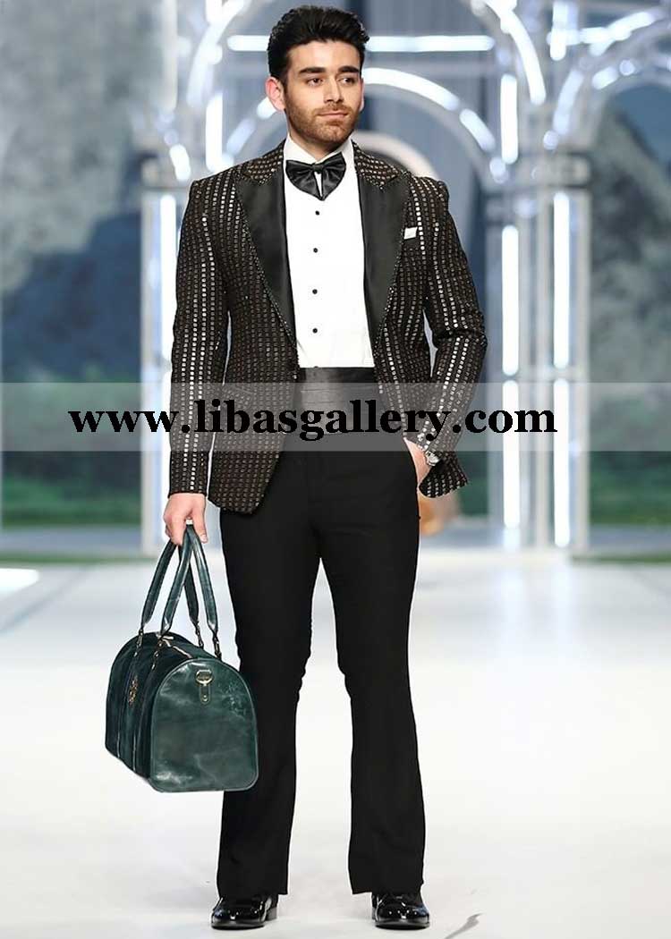 Black Golden sequins spray Tuxedo American Satin lapel and bell bottom