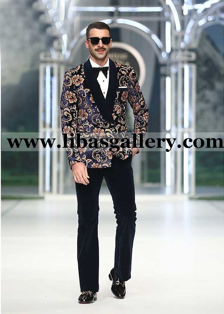 Blue Floral Printed Velvet Tuxedo with blue velvet bell bottom