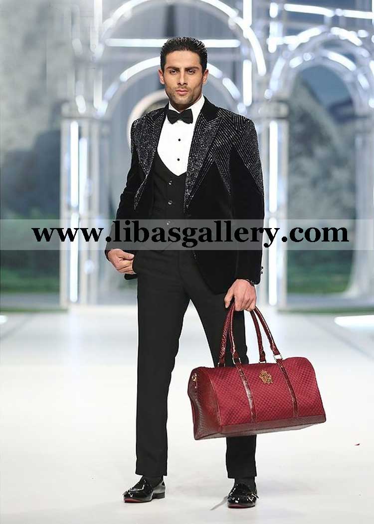 Black Velvet Cut Dana Tuxedo for men with handwork lapel