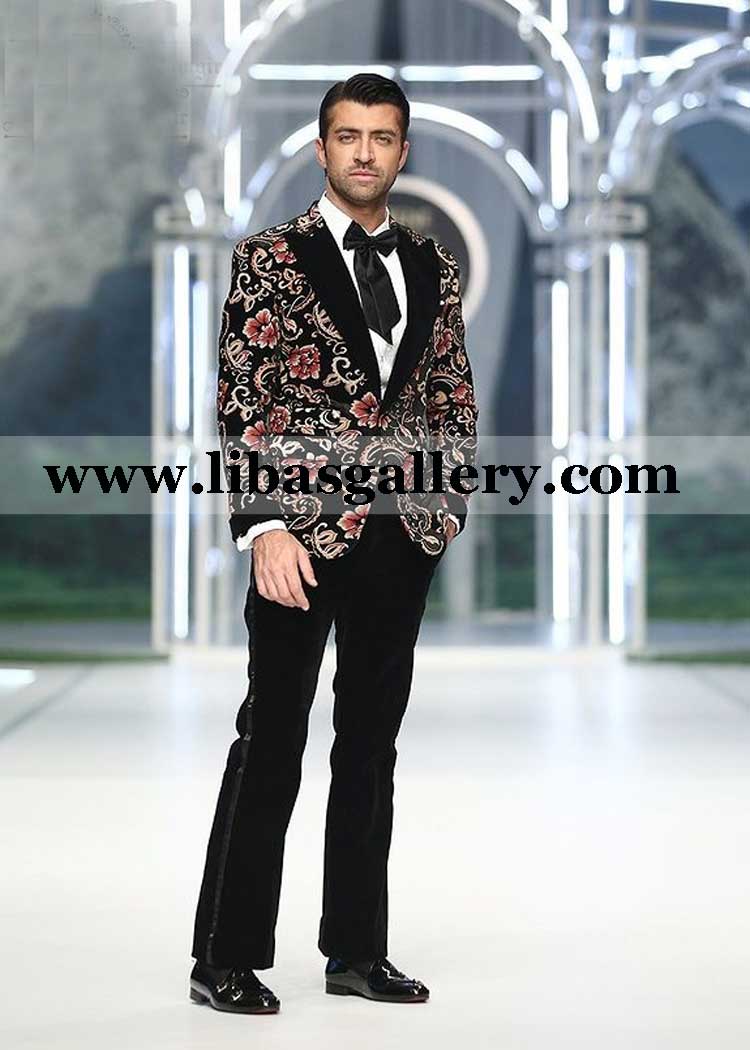 Black Floral Self Velvet Tuxedo with bell bottom for men occasion