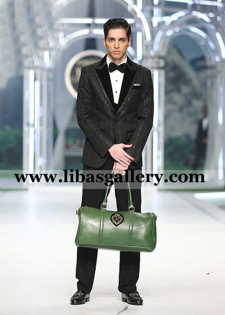 Black Embossed Tuxedo in Velvet American lapel paired with Black armani style waist coat 