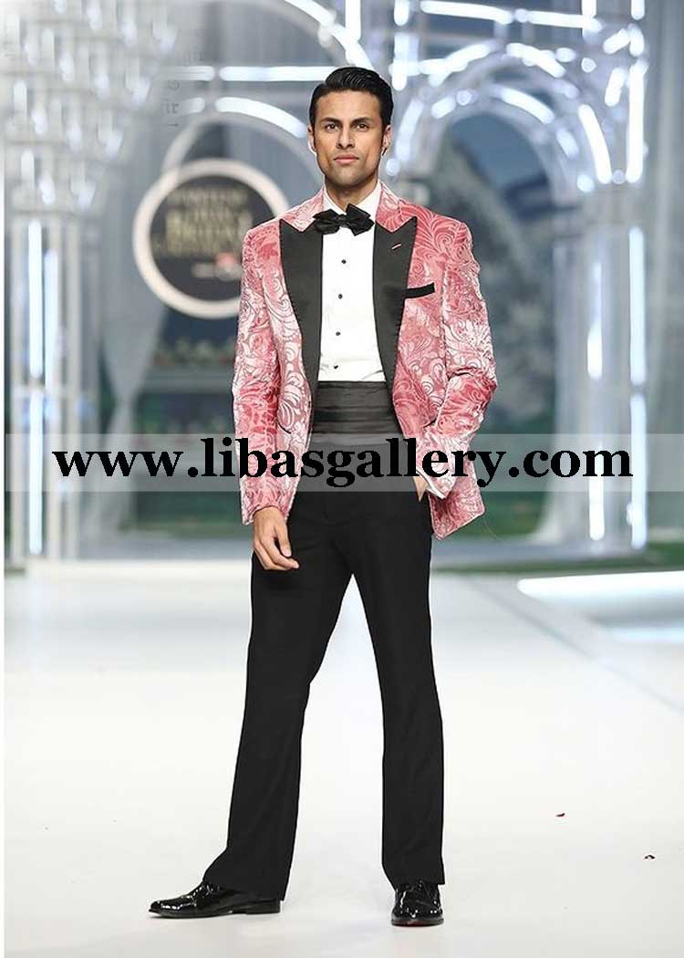 Pink Floral Self Velvet Tuxedo detailed American Lapel