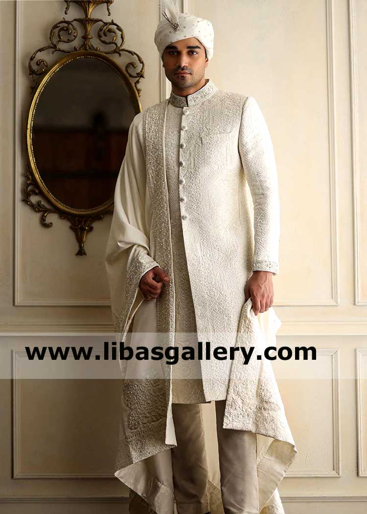 Eastern Style Off White Groom Wedding Shawl Self Embroidery