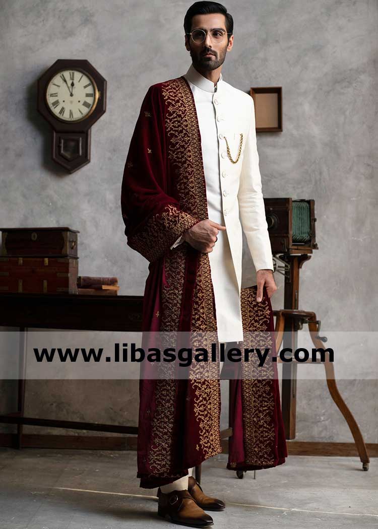 Maroon Velvet Groom Nikah Day Embroidered Shawl