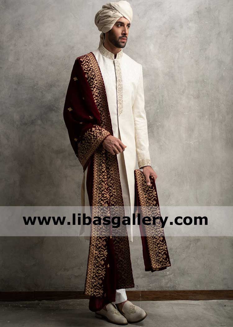 Groom Maroon Embroidered Shawl for Wedding Purpose