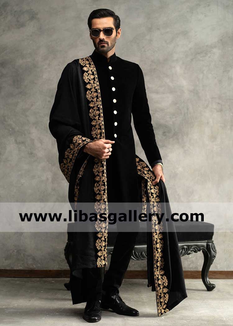 Black and Gold Men Embroidered Wedding Shawl Article for Nikah