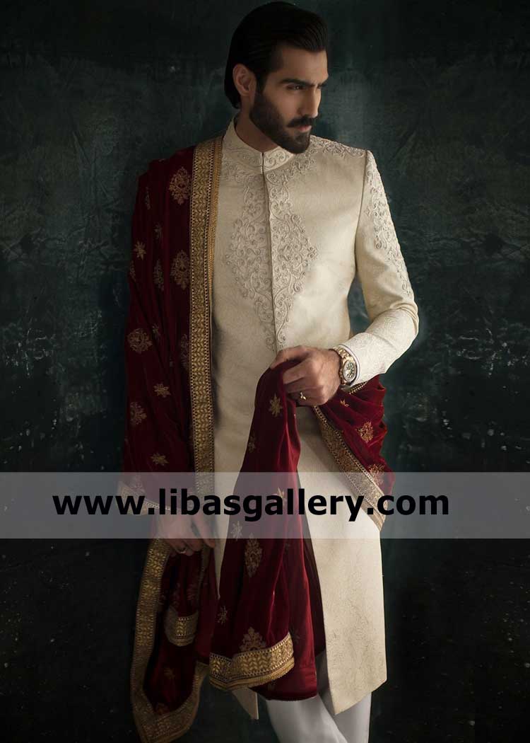 Rich Quality Maroon long Journey Groom Embroidered Wedding Shawl for Sherwani