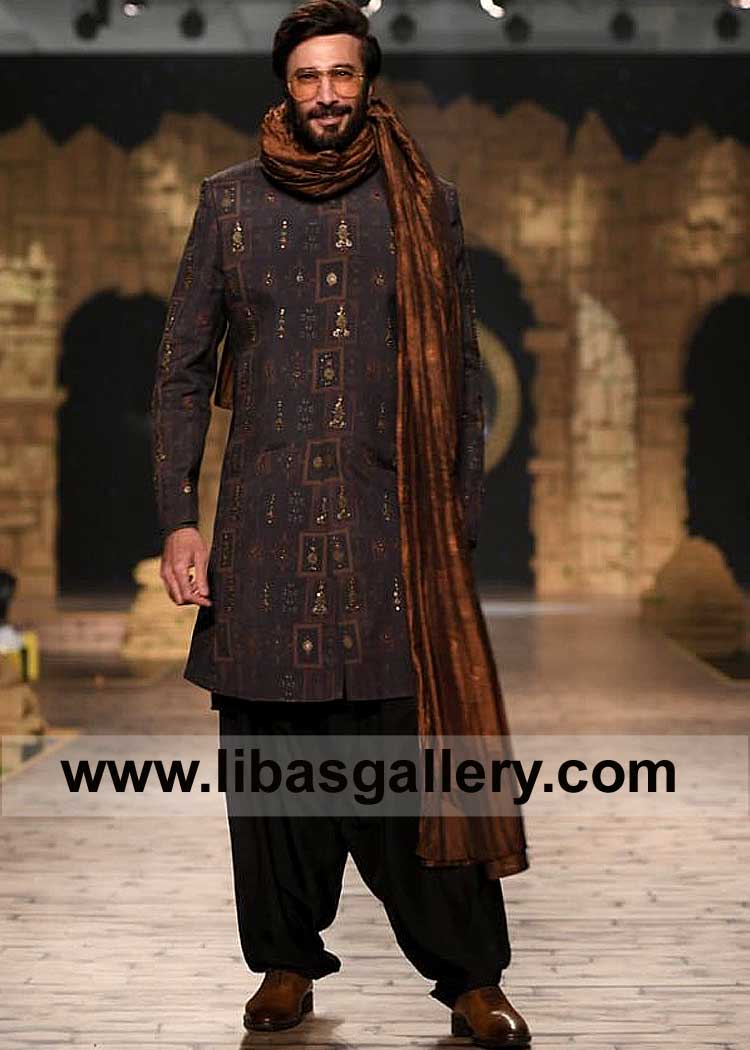 Brown Jamawar Occasion Sherwani Shawl for Men 