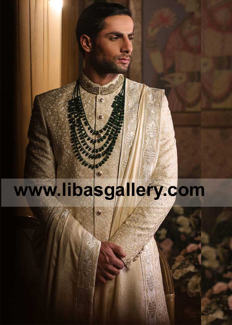 Cream Embroidered Jamawar Groom Wedding Shawl