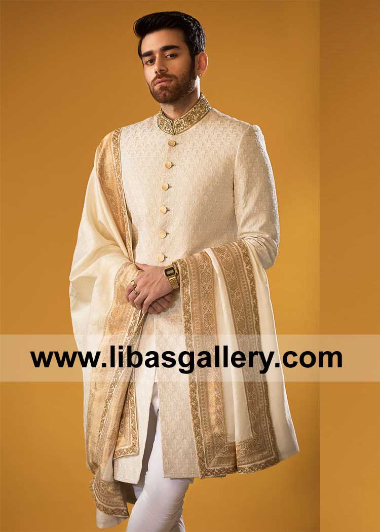 Off White Groom Wedding Shawl with Gold Jamawar Border and Gold Embroidery