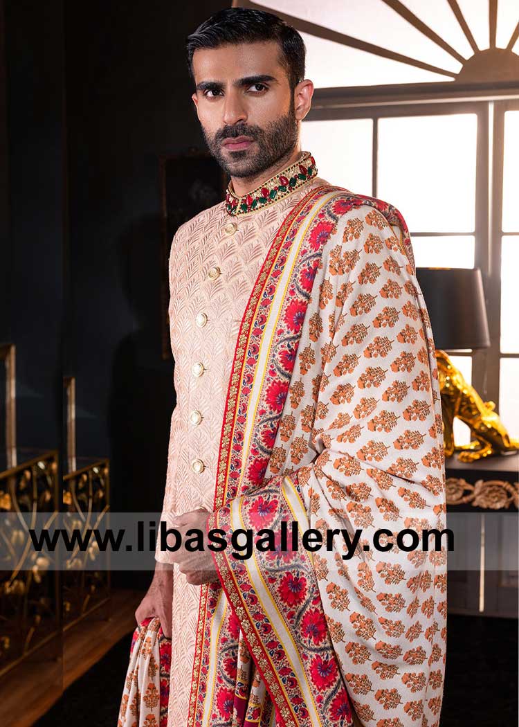 Groom Off White Digital Print Nikah Wedding Shawl with Embellished Border