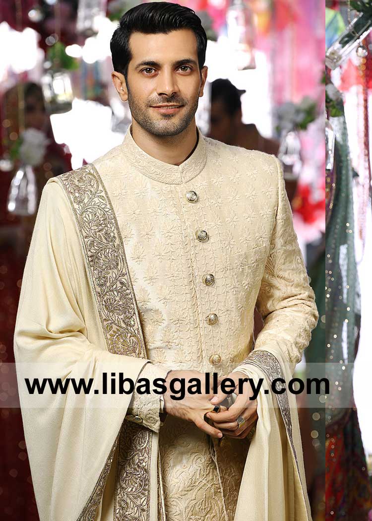 Ivory Shawl for Groom Marriage Nikah day with Beautiful Embroidery