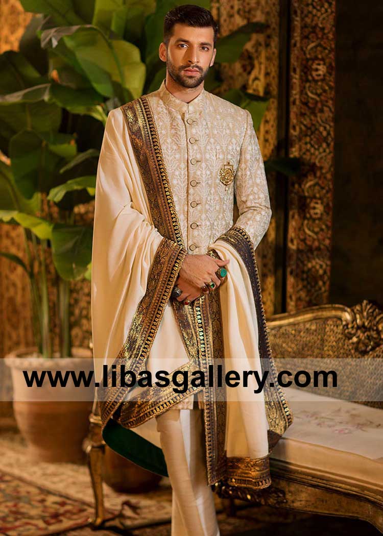 Men Embroidered Wedding Shawl with Gold Jamawar Border