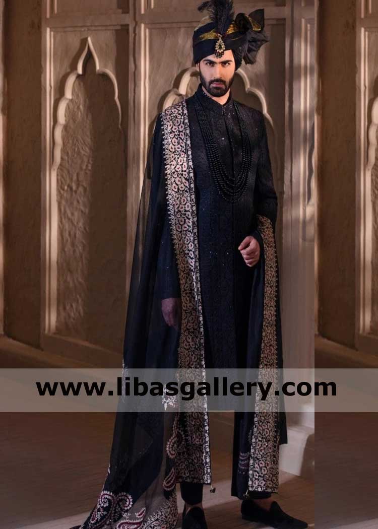 Latest Black Embroidered Groom Nikah Wedding Shawl 
