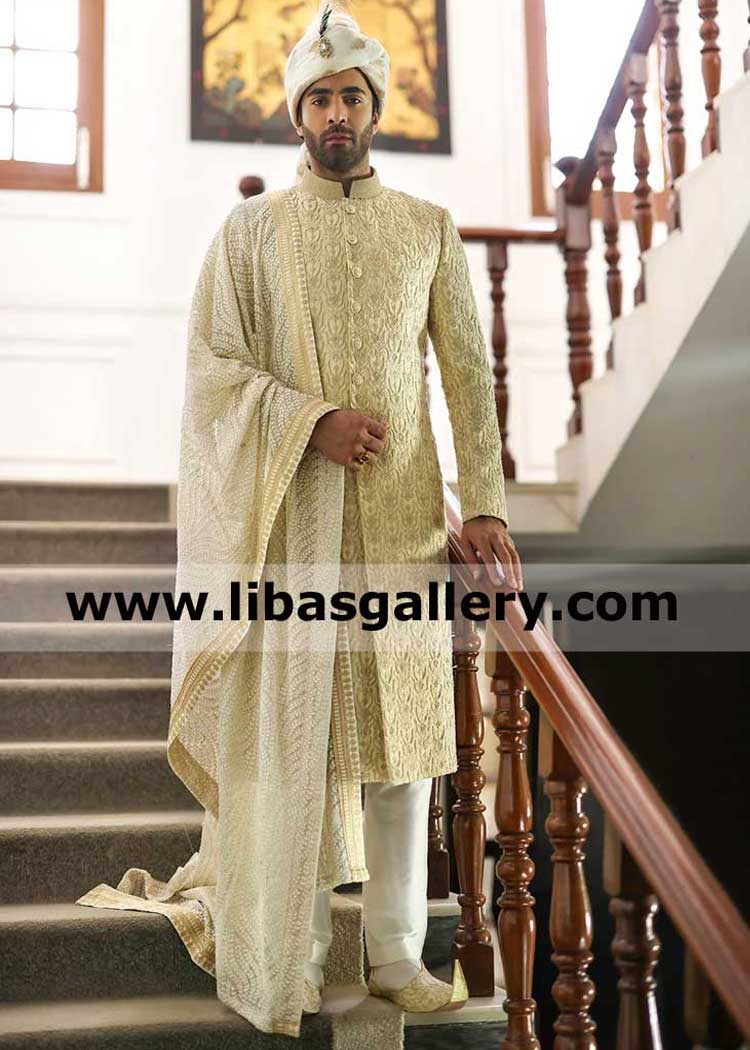 Off White heavy stitches Embroidered Wedding Shawl for Men Nikah
