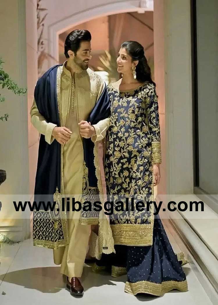 Royal Blue Embroidered Men Wedding Shawl for New Chapter of life Sheheryar Munawar and Maheen Siddiqui Qawwali Night California Sydney UAE Glasgow