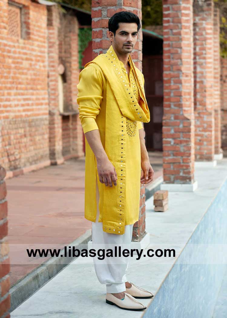 Yellow Embroidered Shawl for Men Wedding Mehndi Haldi Event