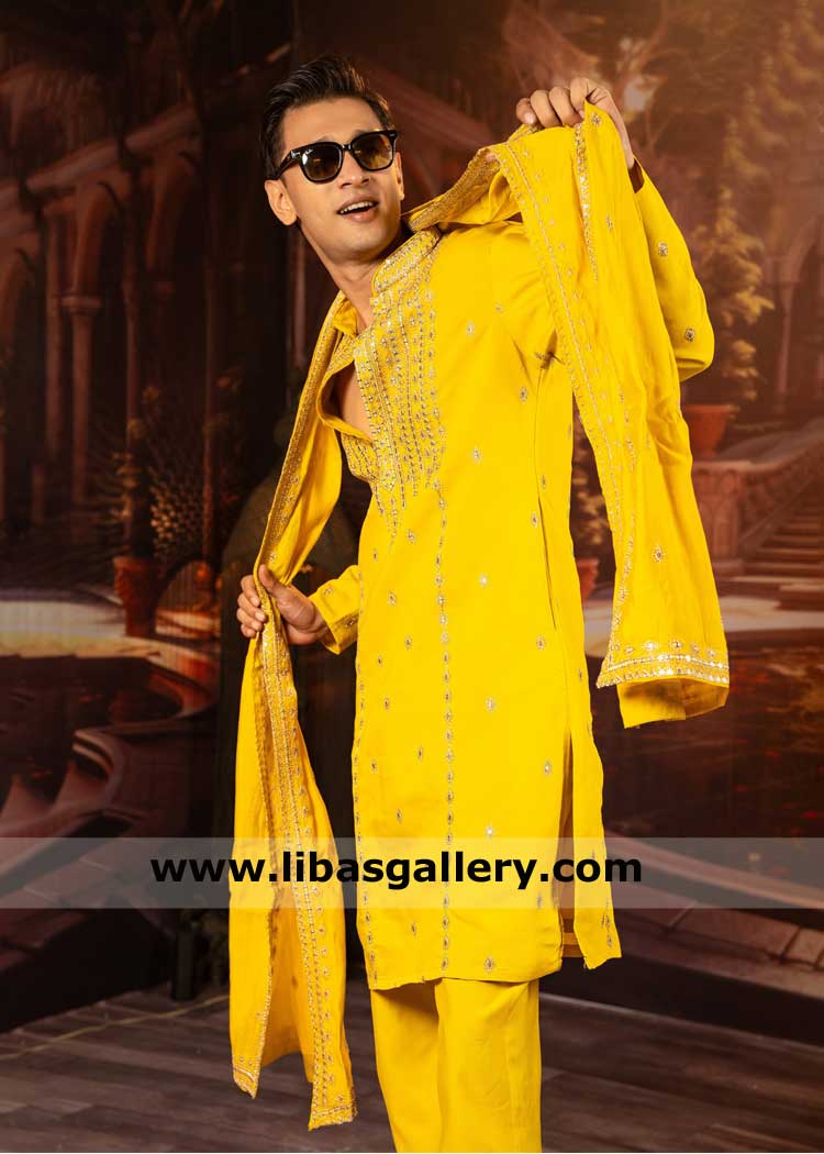 Yellow Embroidered Groom Kurta for Mehndi