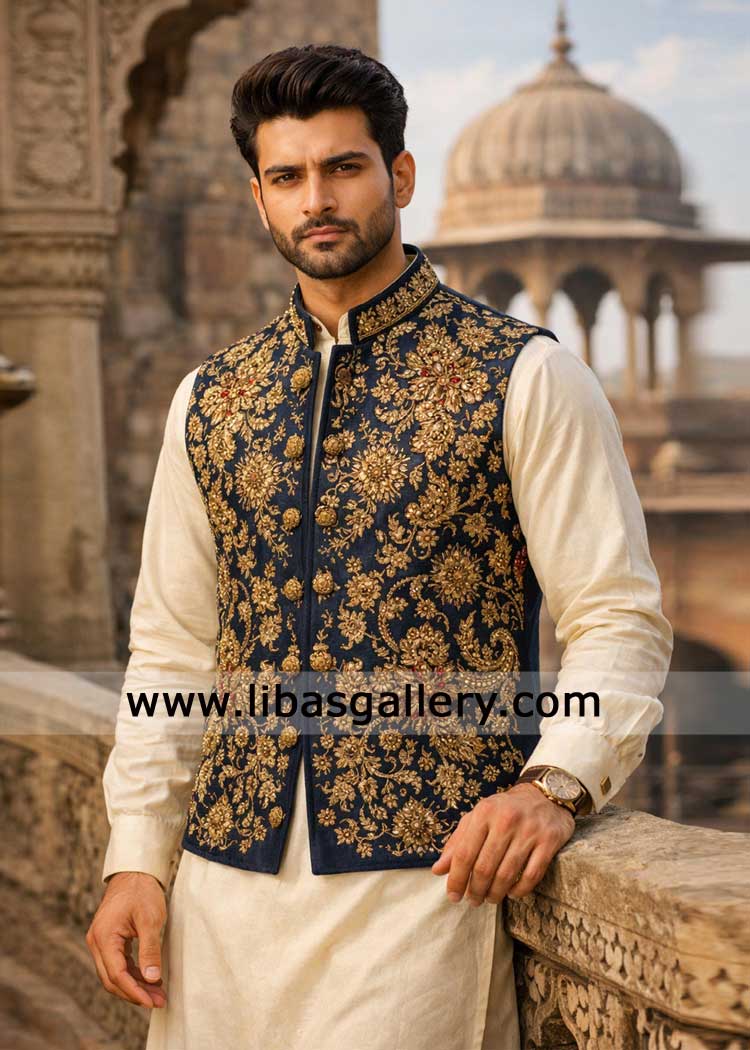 Midnight Blue Groom Waistcoat Gold handcrafted