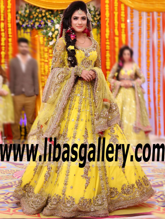 Traditional Brilliant Yellow Zantedeschia Wedding Lehenga Dress for Wedding and Mayon Events