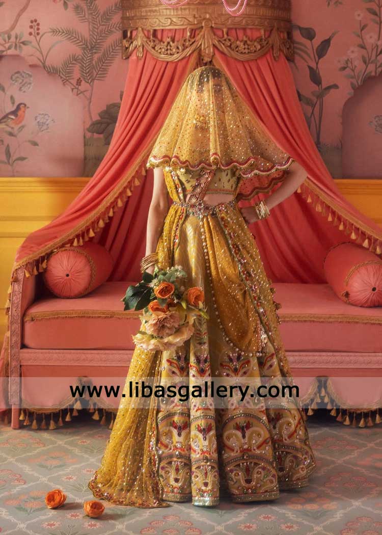 Mustard lehenga choli bridal in raw silk hand embellished