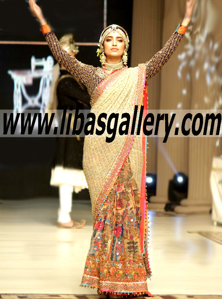 Buy Online Fahad Hussayn Couture Bridal Wear Saree Pakistani Bridal Sari Dresses Designer Bridal Saree Dress including bridal gowns Gharara Sharara Lehenga Shopping in UK, USA, Canada