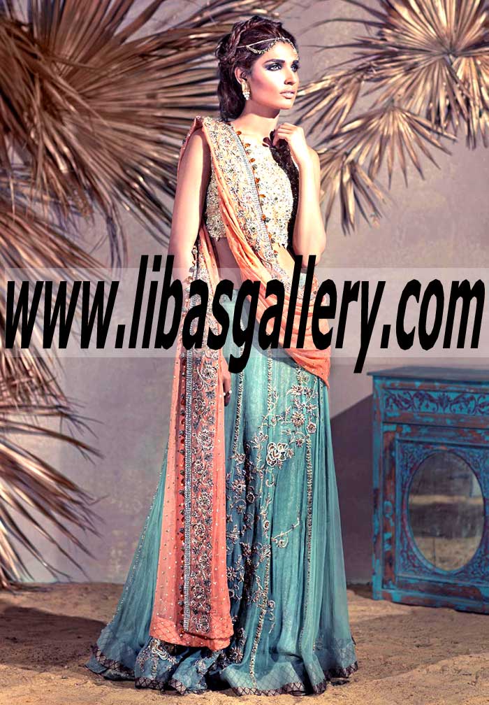 Gold Glow Chiffon Paneled Lehanga Bridal Dress with Heavy Aari Jaal Embellishments