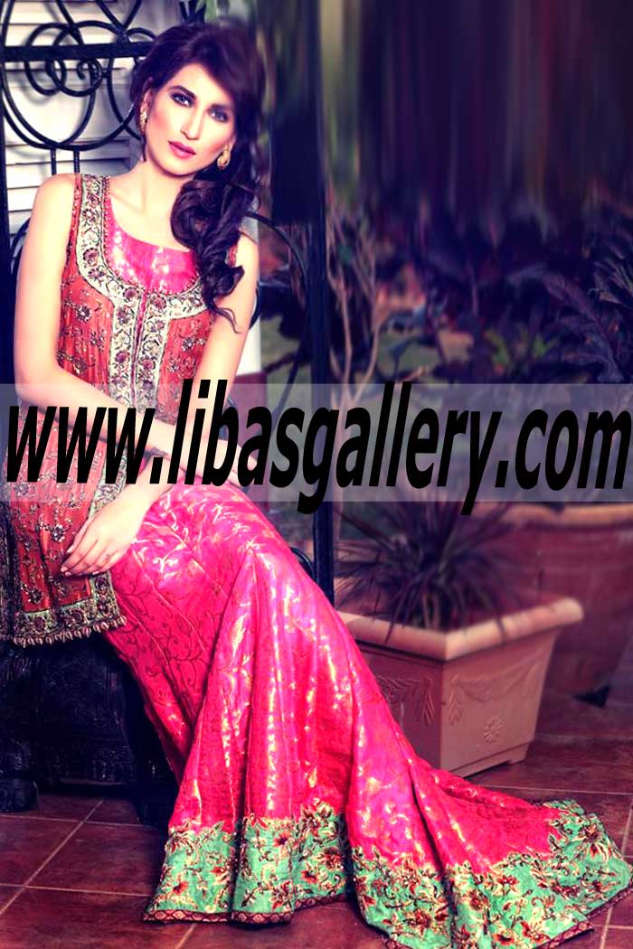 Artistic Trailed Gown with short jacket for Engagement and Special Occasions
