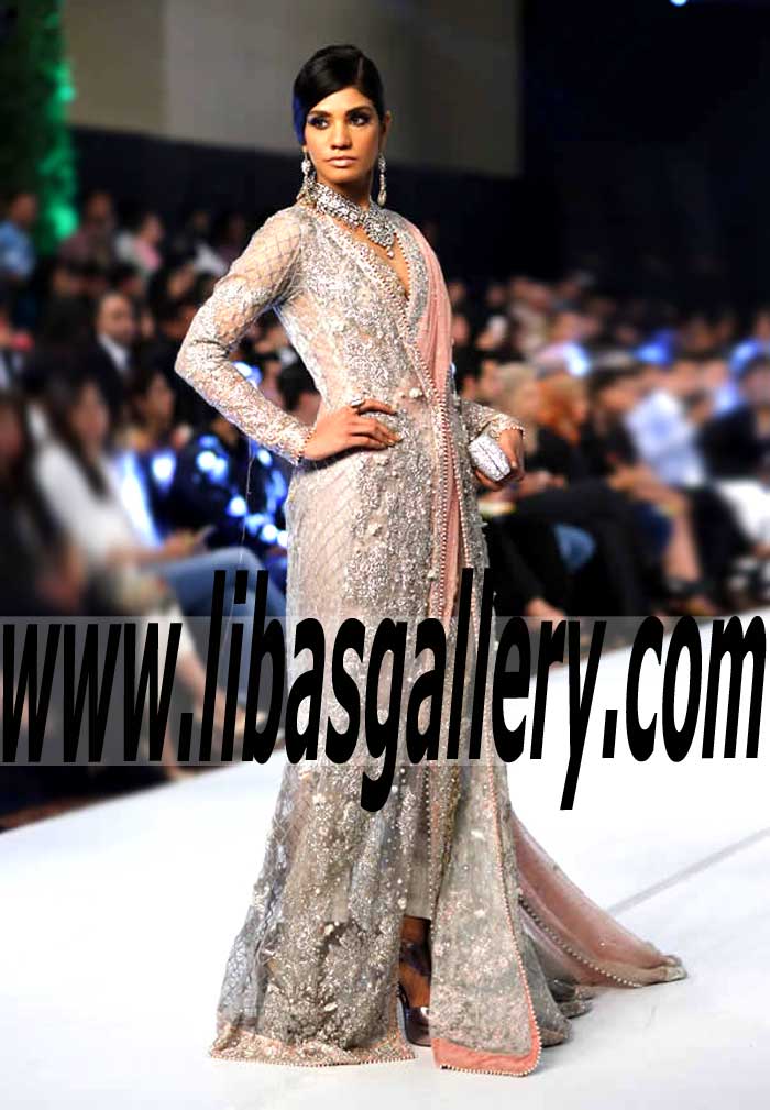 Fabulous Pakistani Designer Gown Dress with Stylish and Sophisticated Embellishments and Embroidery for Special Occasions and Wedding