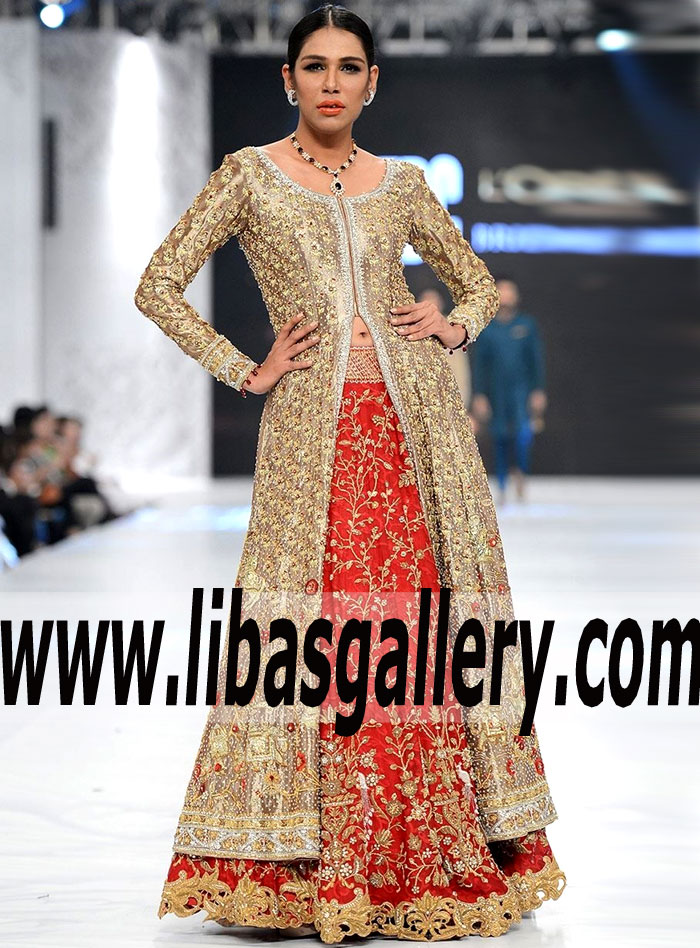 Sensational Fornt open Tissue Bridal Dress with Marvelous Embellished work for Wedding and Special Occasions