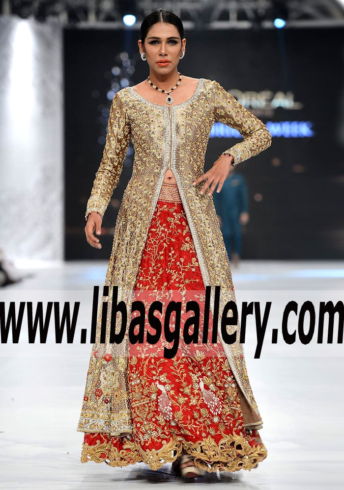 Sensational Fornt open Tissue Bridal Dress with Marvelous Embellished work for Wedding and Special Occasions